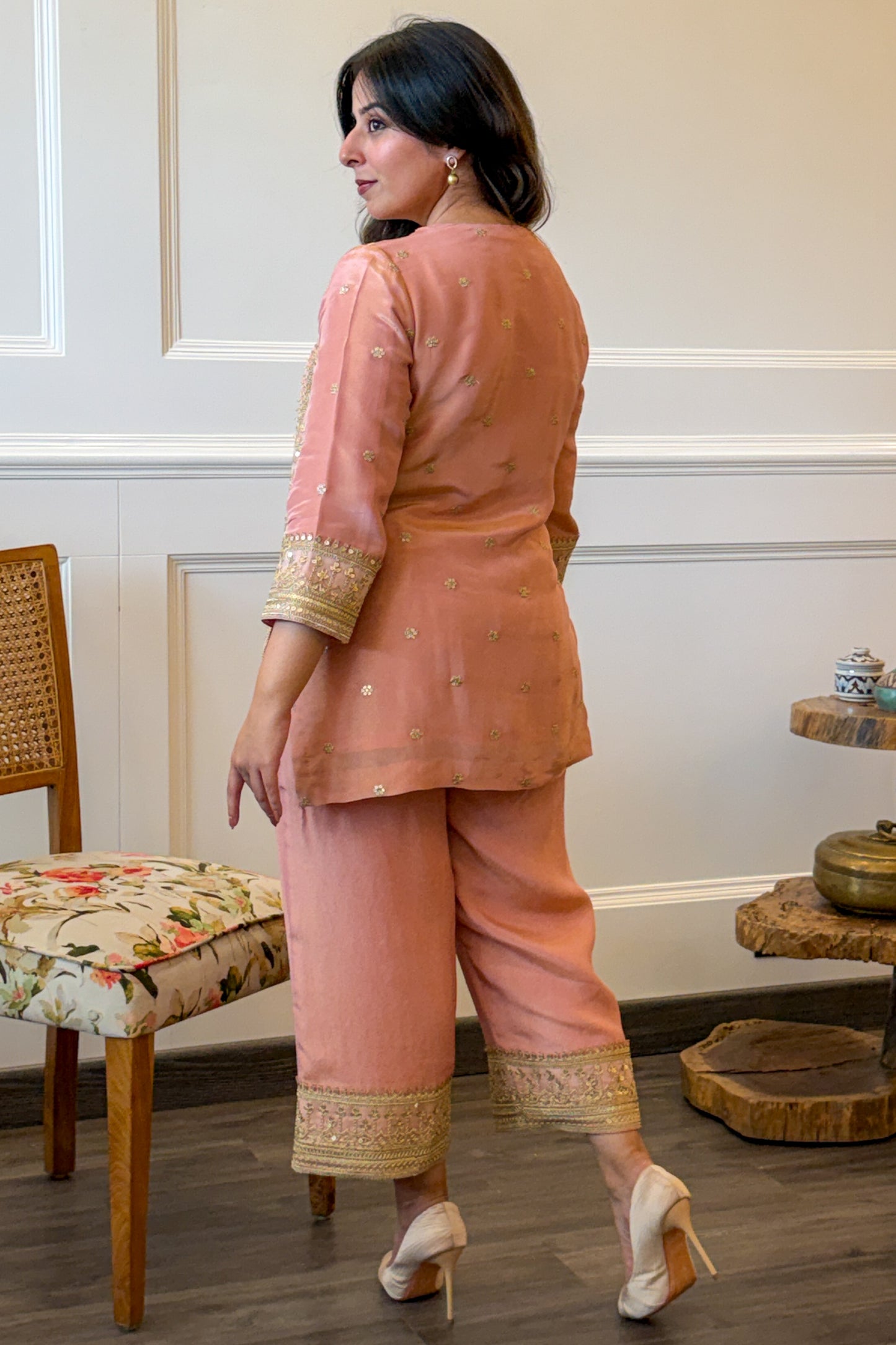 Peach-Pink Embroidered Tissue Co-ord Set