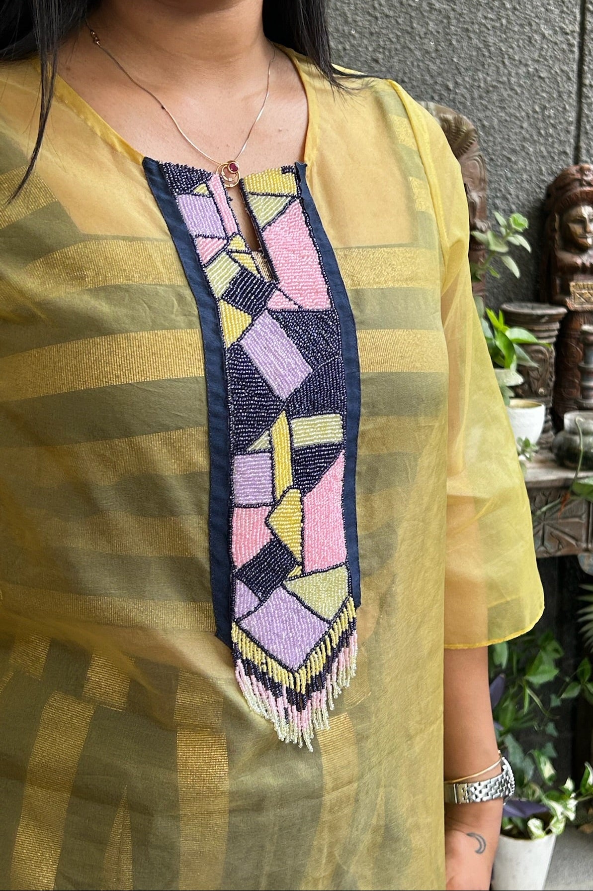 Yellow and Black Striped Co-ord Set with Sheer Mustard Tunic