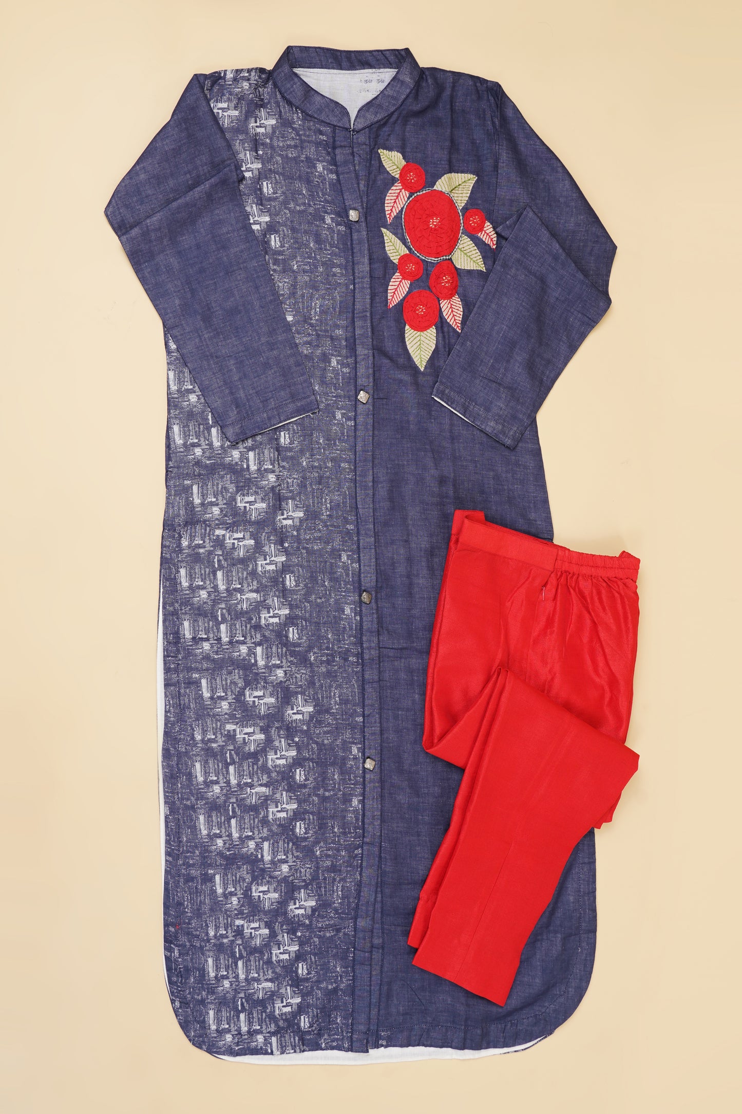 Blue and Red Floral Motif Kurta Set