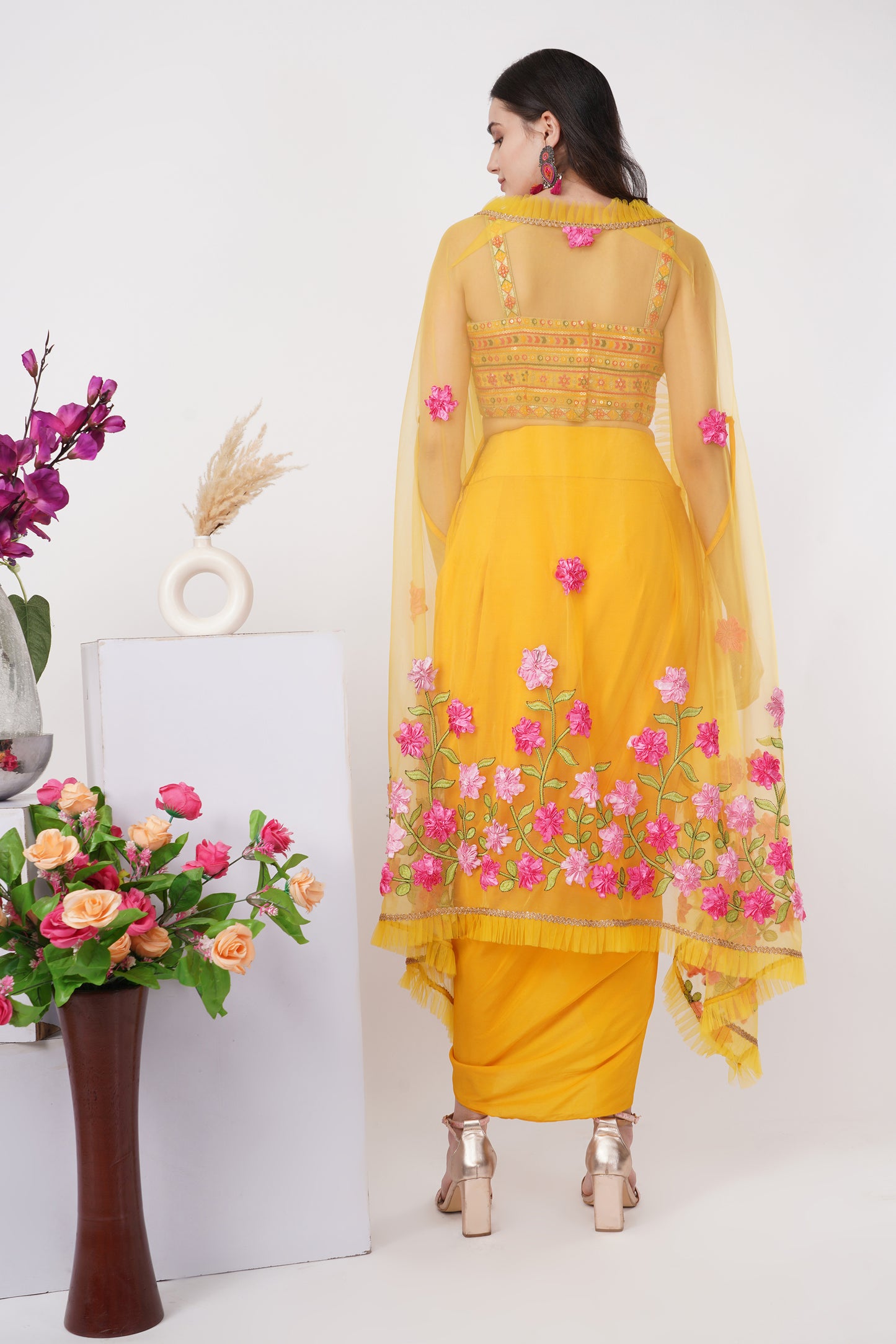 Yellow Floral Embroidered Shrug Set