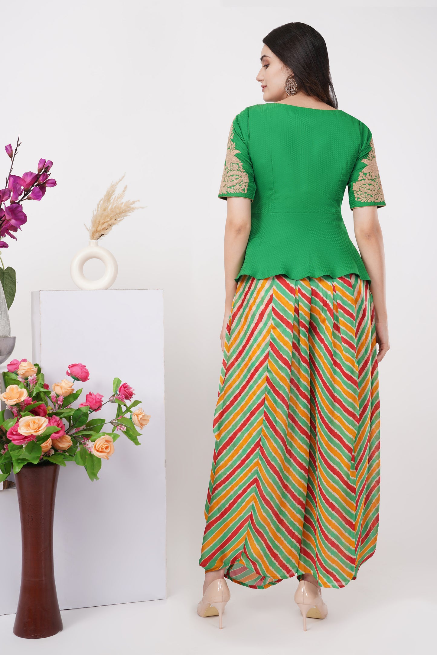 Green Embroidered Top and Dhoti Set