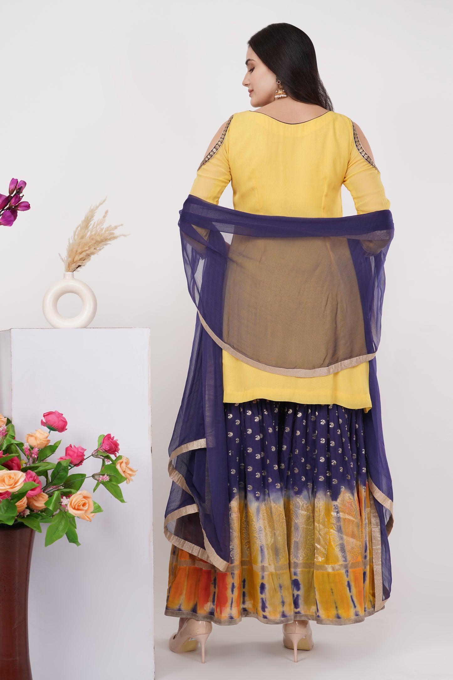 Yellow Peacock Embroidered Motif Kurta Set