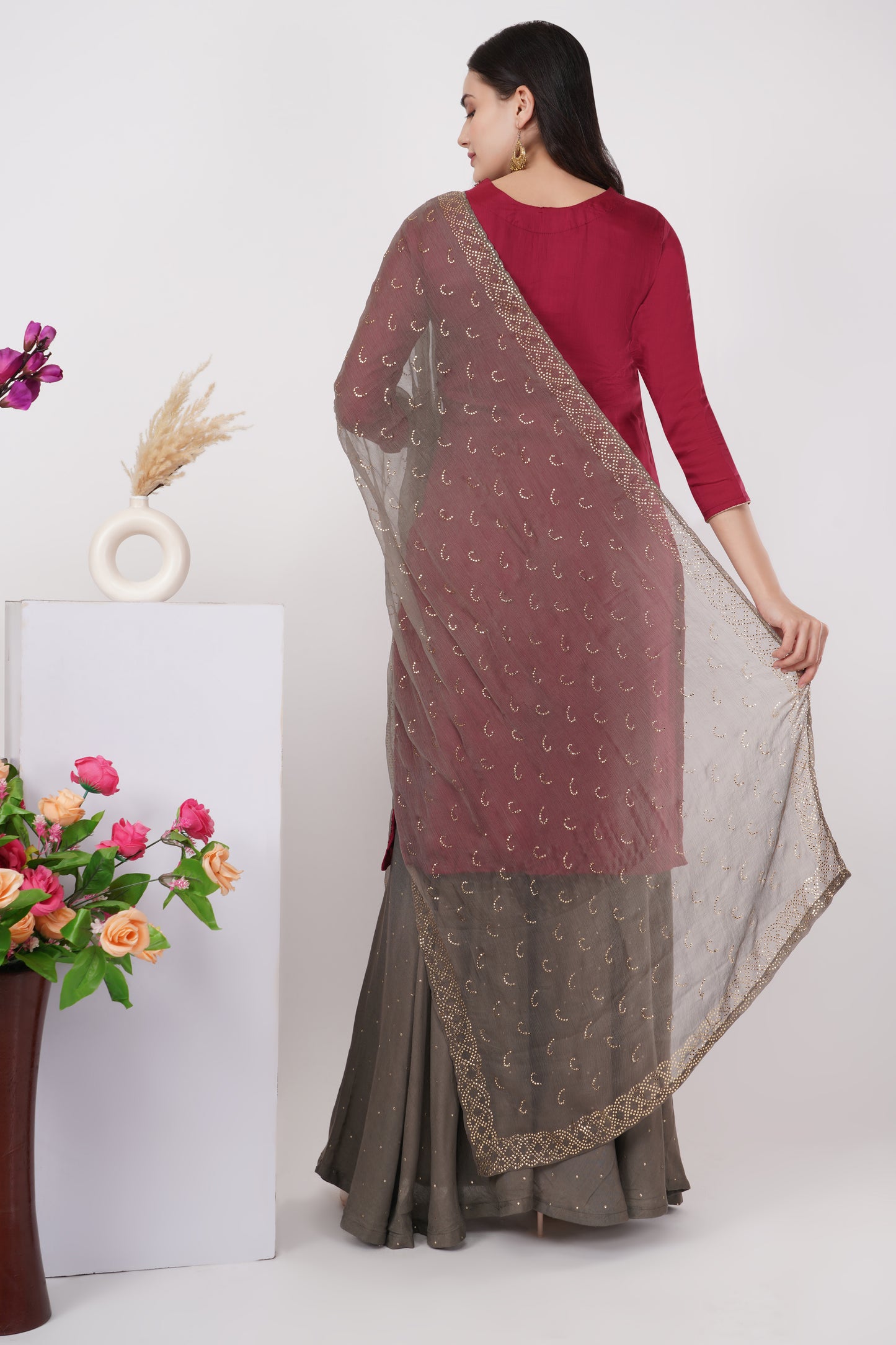 Red and Grey Crystal work Kurta Set