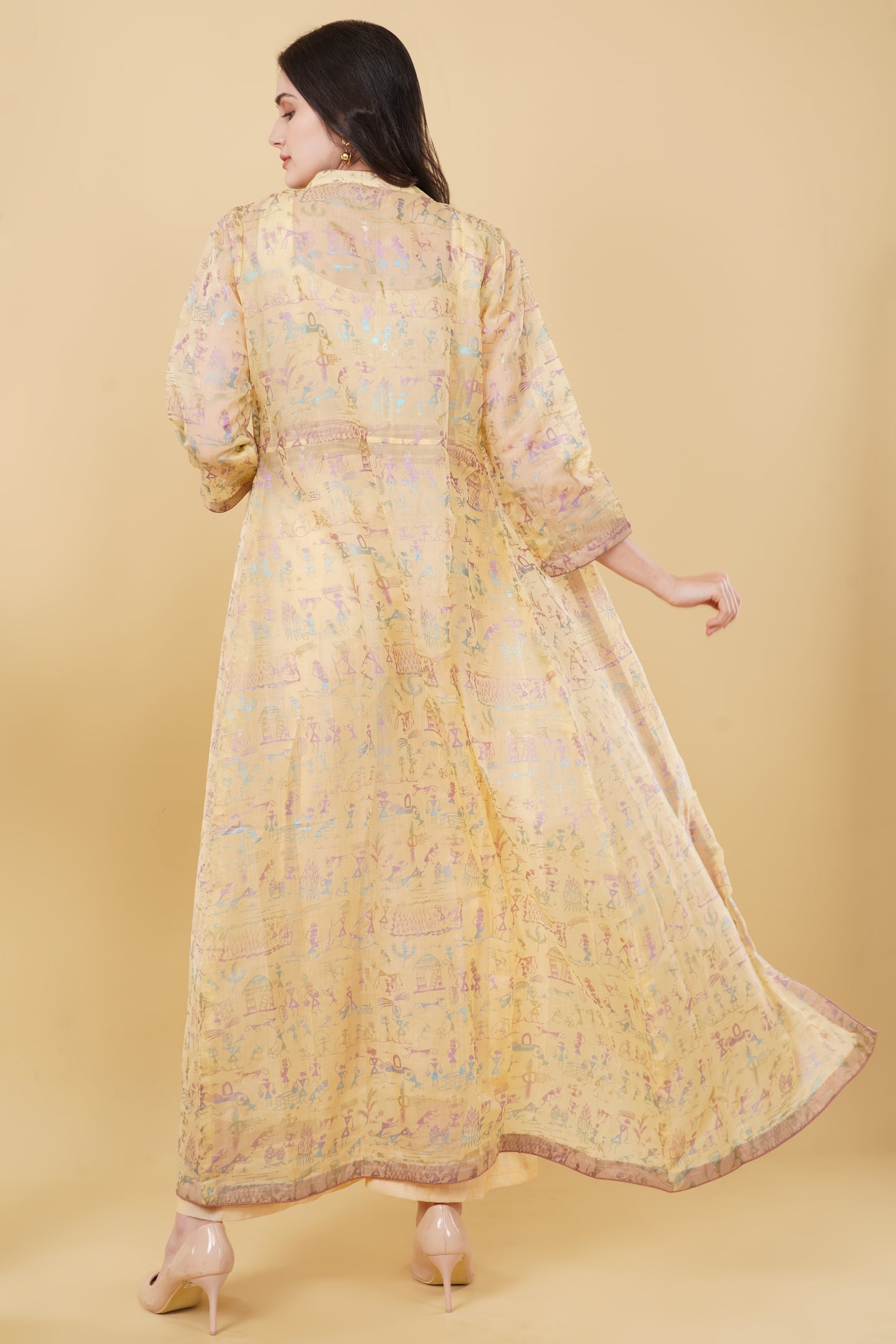 Beige Printed Jumpsuit and Shrug Set