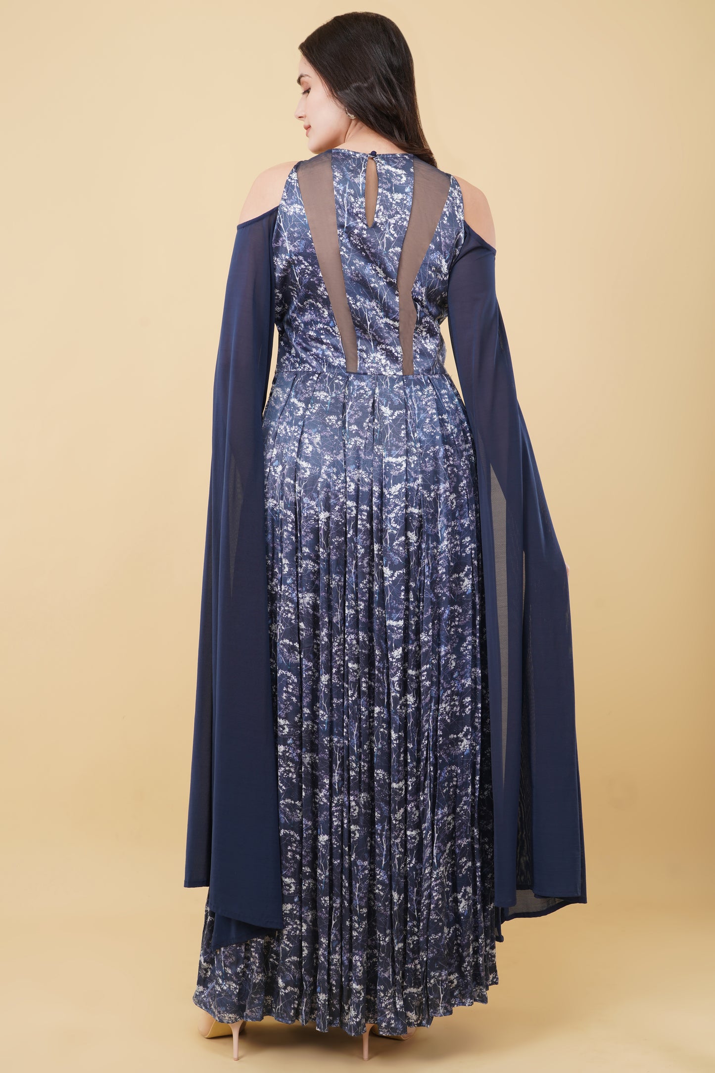 Blue Cape Sleeves Padded Straight Cut Forest Printed Dress