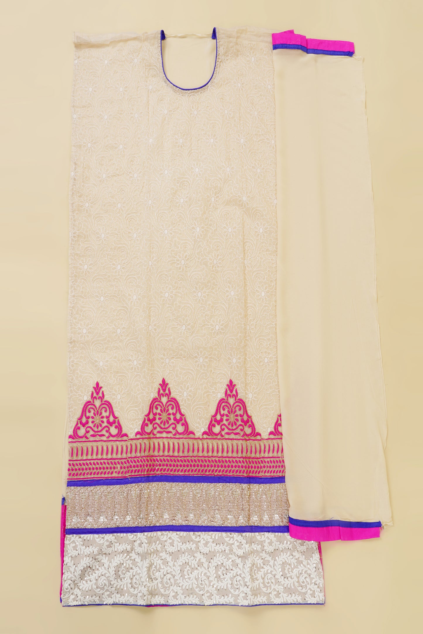 Cream and Pink Unstitched Suit Piece