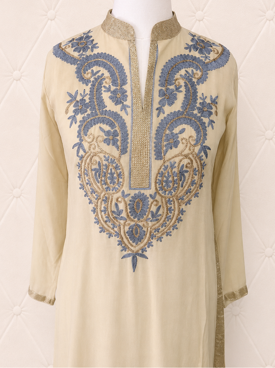 Offwhite, Blue and Gold Embroidered Georgette Kurta