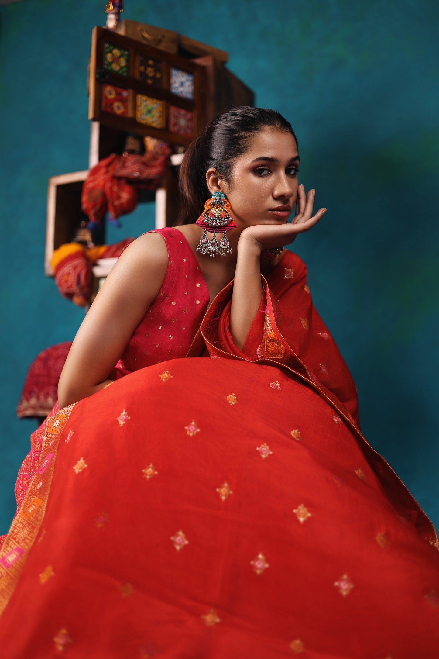 Bright Pink and Red Bandhni Lehenga Set