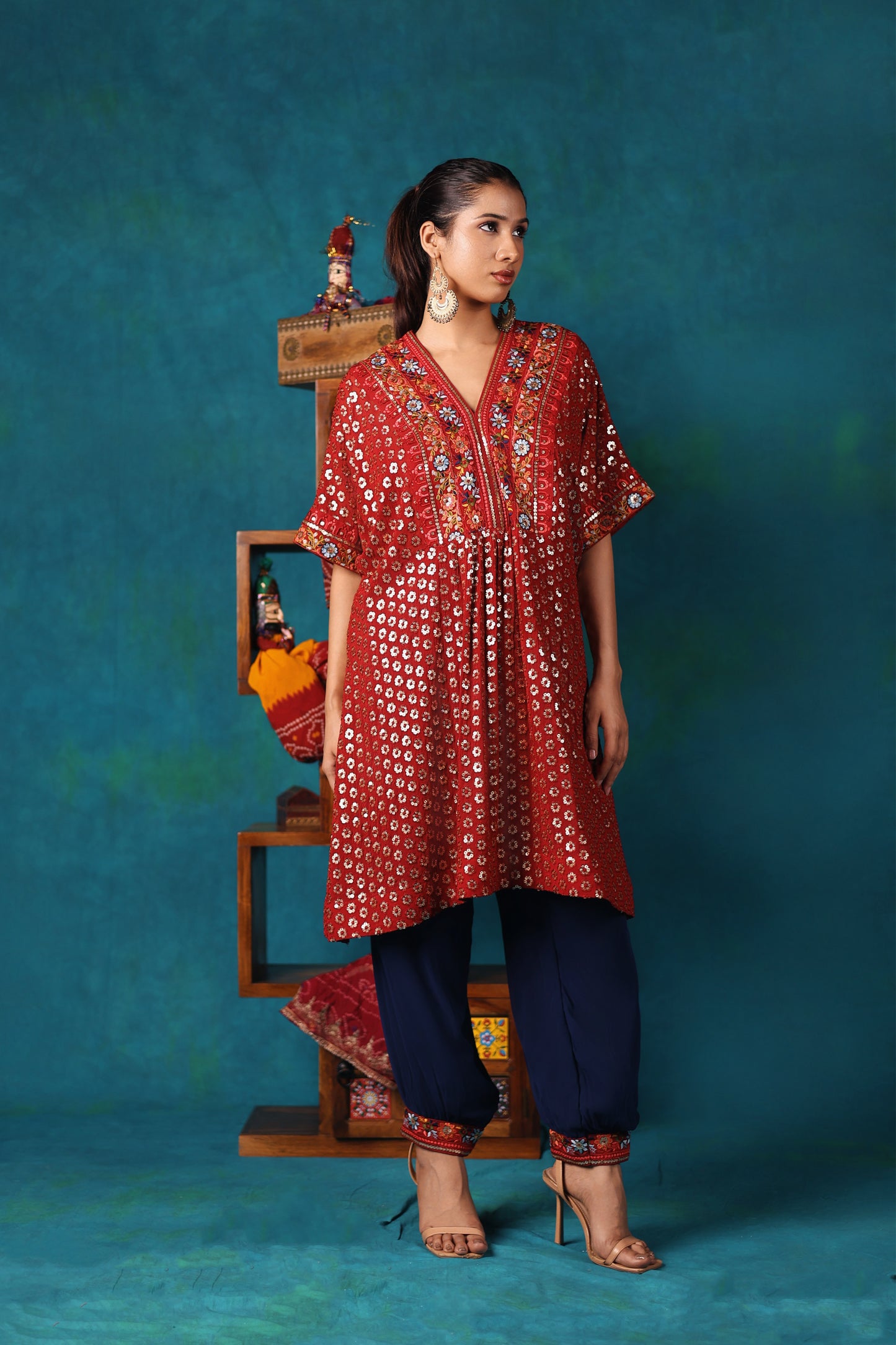 Maroon Embroidered Kaftan Kurta Set