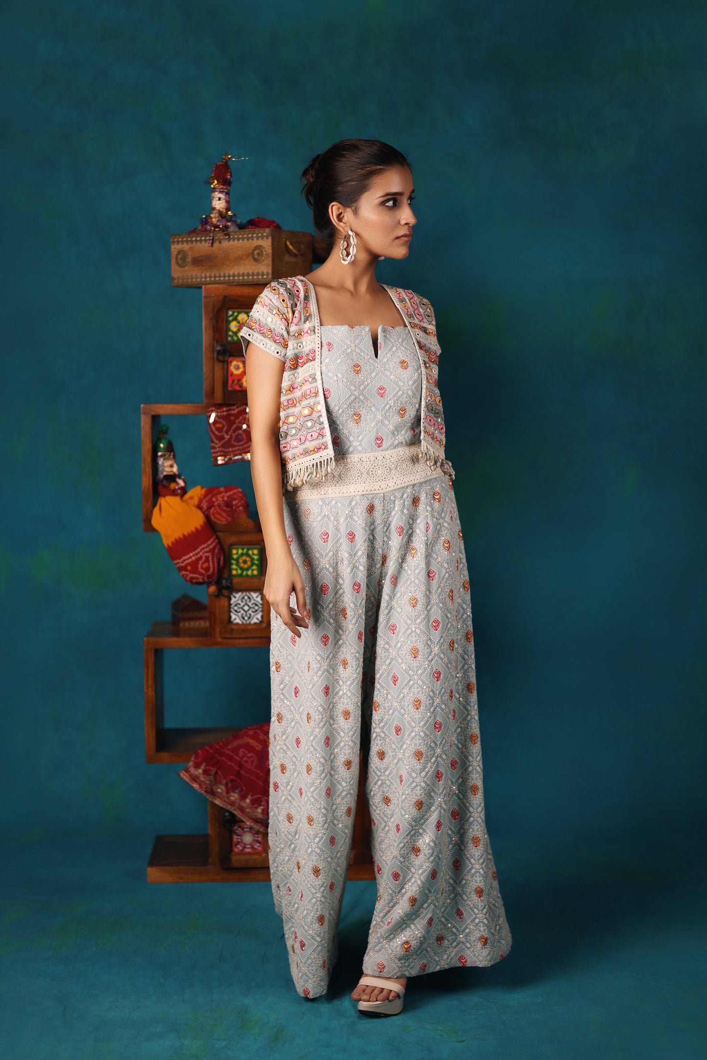 Powder Blue Embroidered Jumpsuit and Jacket Set