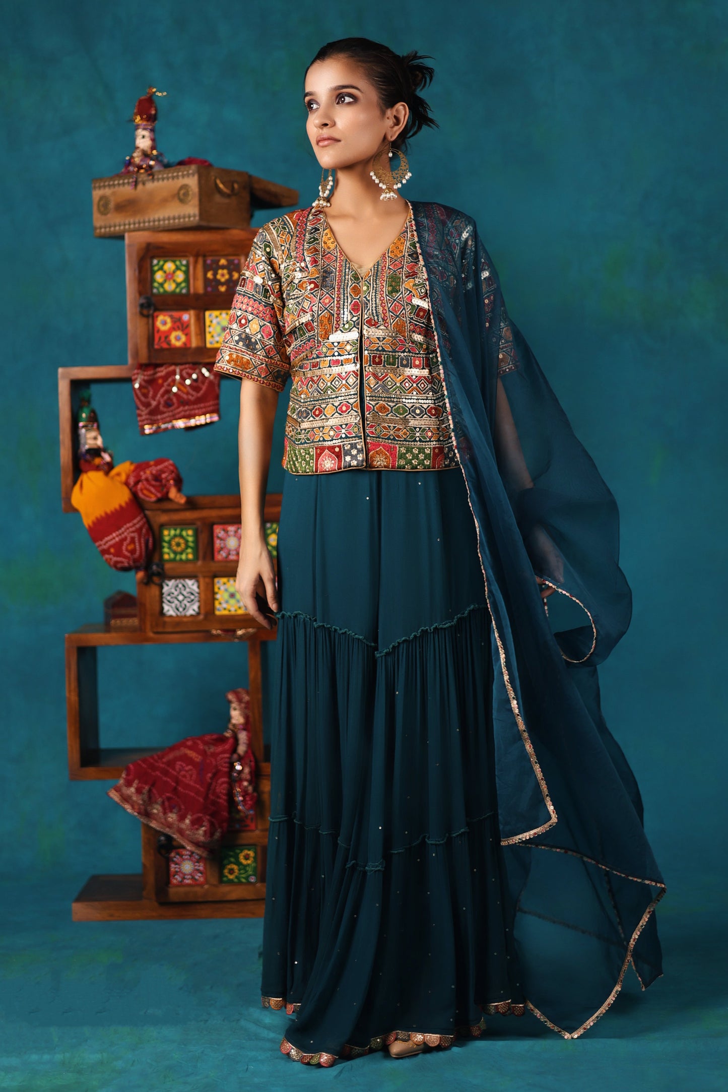 Teal Gharara and Corset Jacket Set