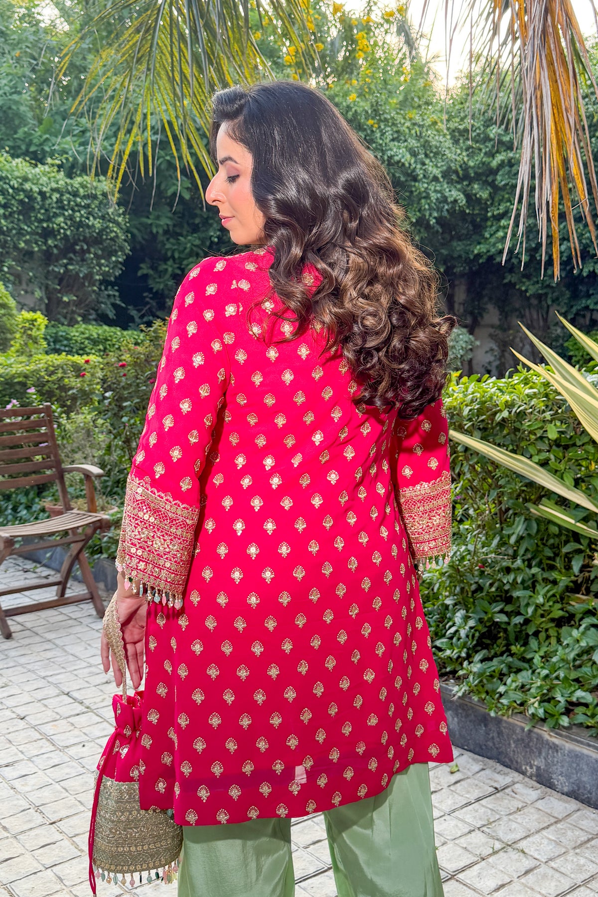 Fuschia Pink and Pistachio Green Embroidered Farshi Set