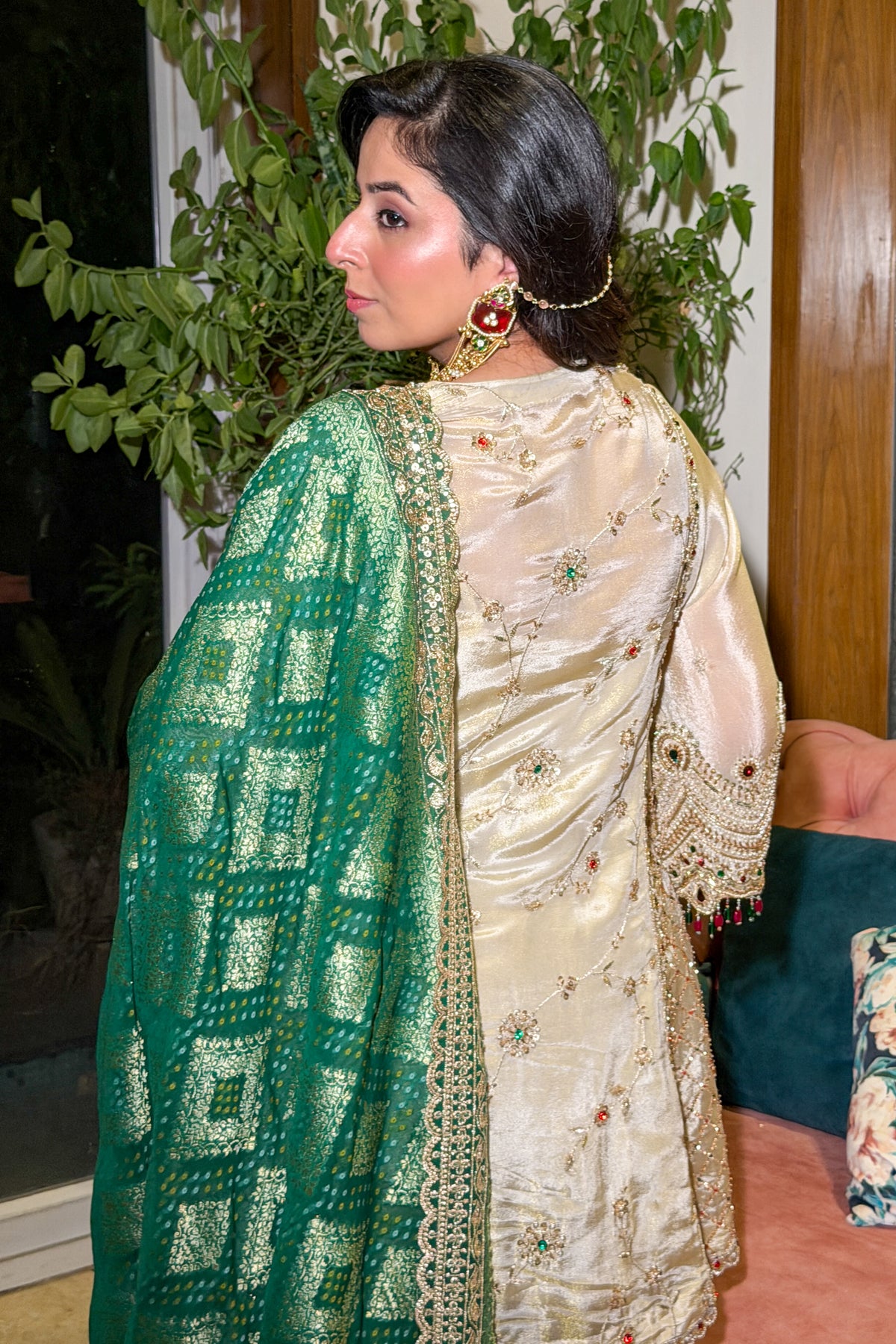 Ivory and Gold Kundan Embroidered Short Anarkali and Farshi Set