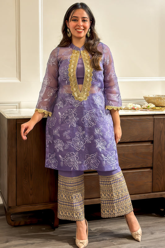 Lavender Self Organza Tunic and Pants Set