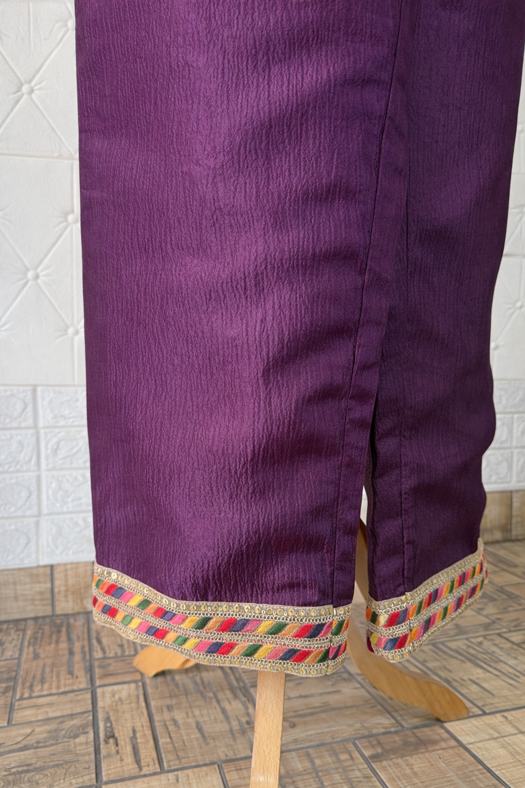 Purple Crushed Tissue Co-ord Set with Embroidered Patchwork