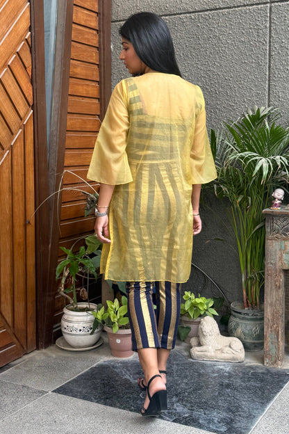 Yellow and Black Striped Co-ord Set with Sheer Mustard Tunic