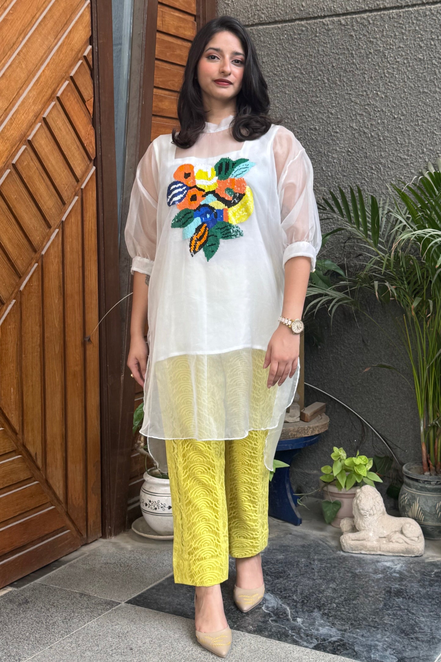 White and Yellow Co-ord Set with Sheer White Tunic