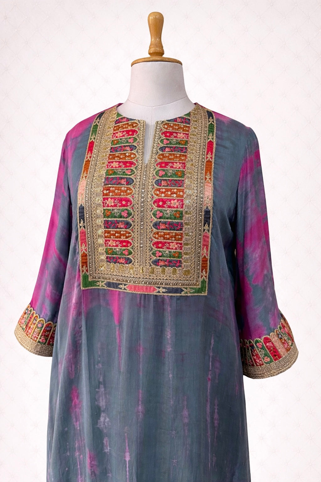 Cotton Silk Tie and Dye Shibori Kaftan Dress with Embroidered Patchwork