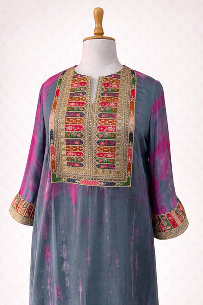 Cotton Silk Tie and Dye Shibori Kaftan Dress with Embroidered Patchwork