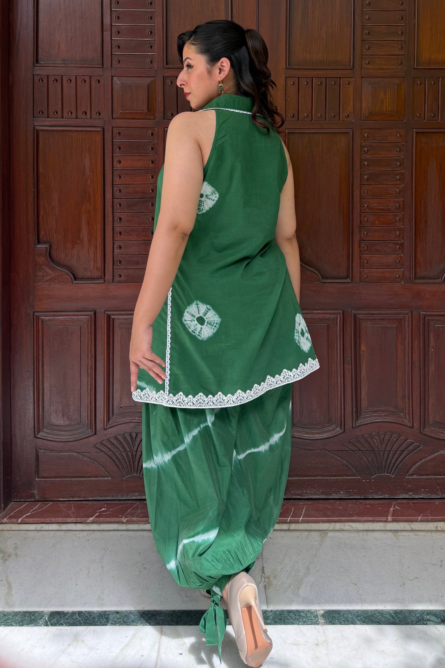 Green Bandhini-Leheriya Mul Chanderi Co-ord Set