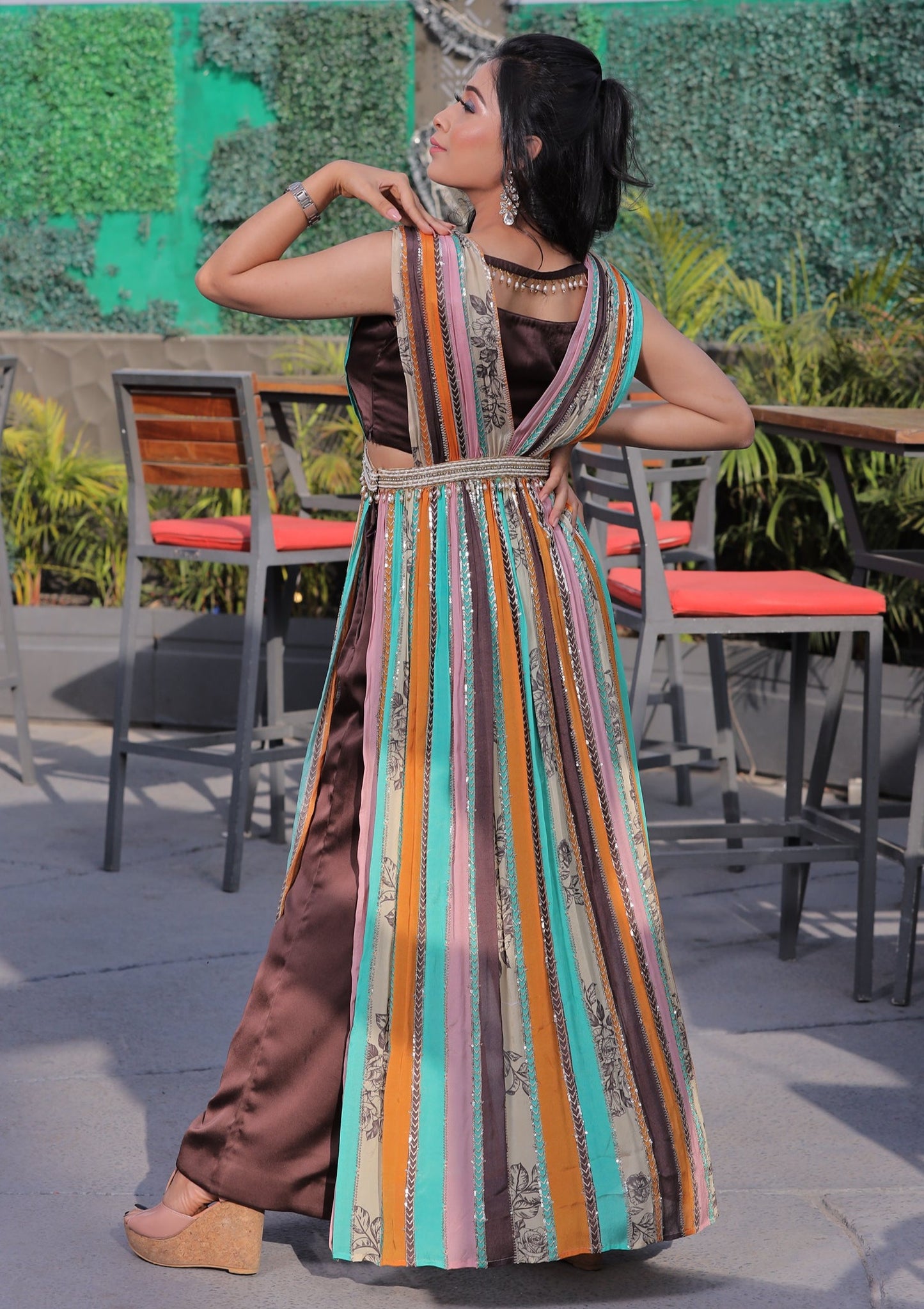 Embellished Kaftan with Brown Bustier and Pants Set