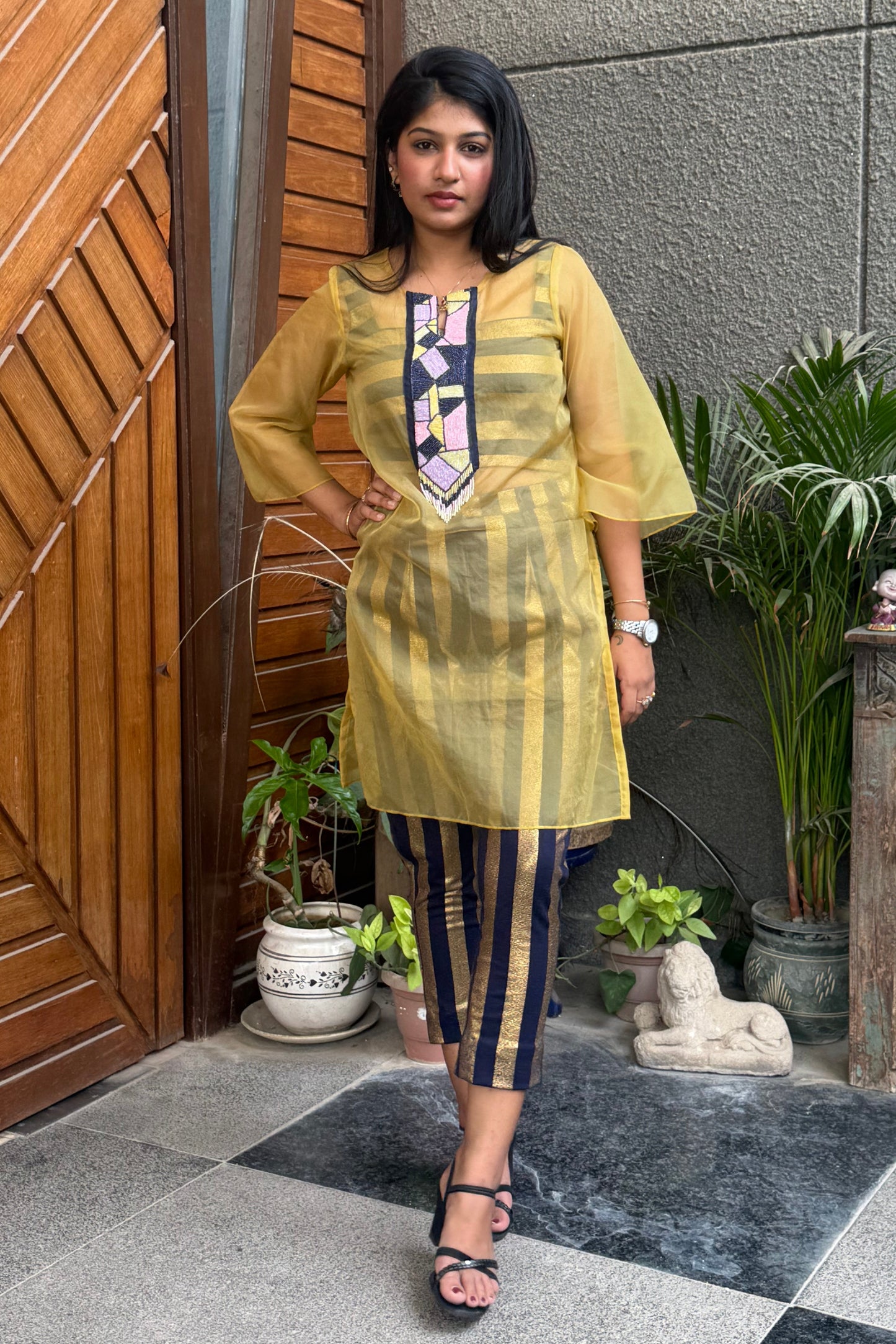 Yellow and Black Striped Co-ord Set with Sheer Mustard Tunic