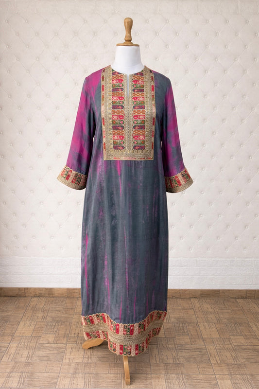 Cotton Silk Tie and Dye Shibori Kaftan Dress with Embroidered Patchwork