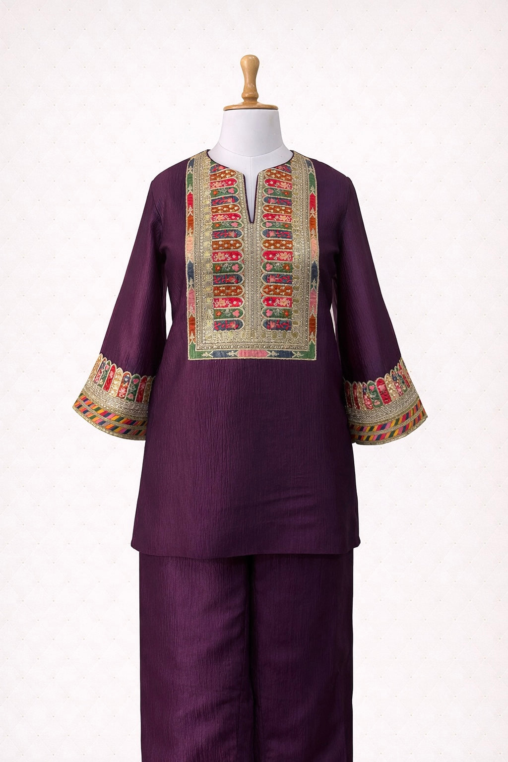 Purple Crushed Tissue Co-ord Set with Embroidered Patchwork