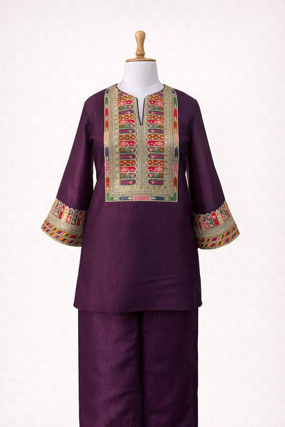 Purple Crushed Tissue Co-ord Set with Embroidered Patchwork