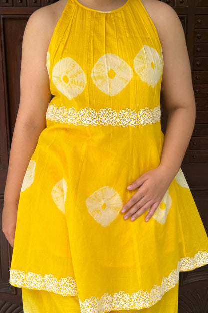 Yellow Bandhini-Leheriya Mul Chanderi Co-ord Set