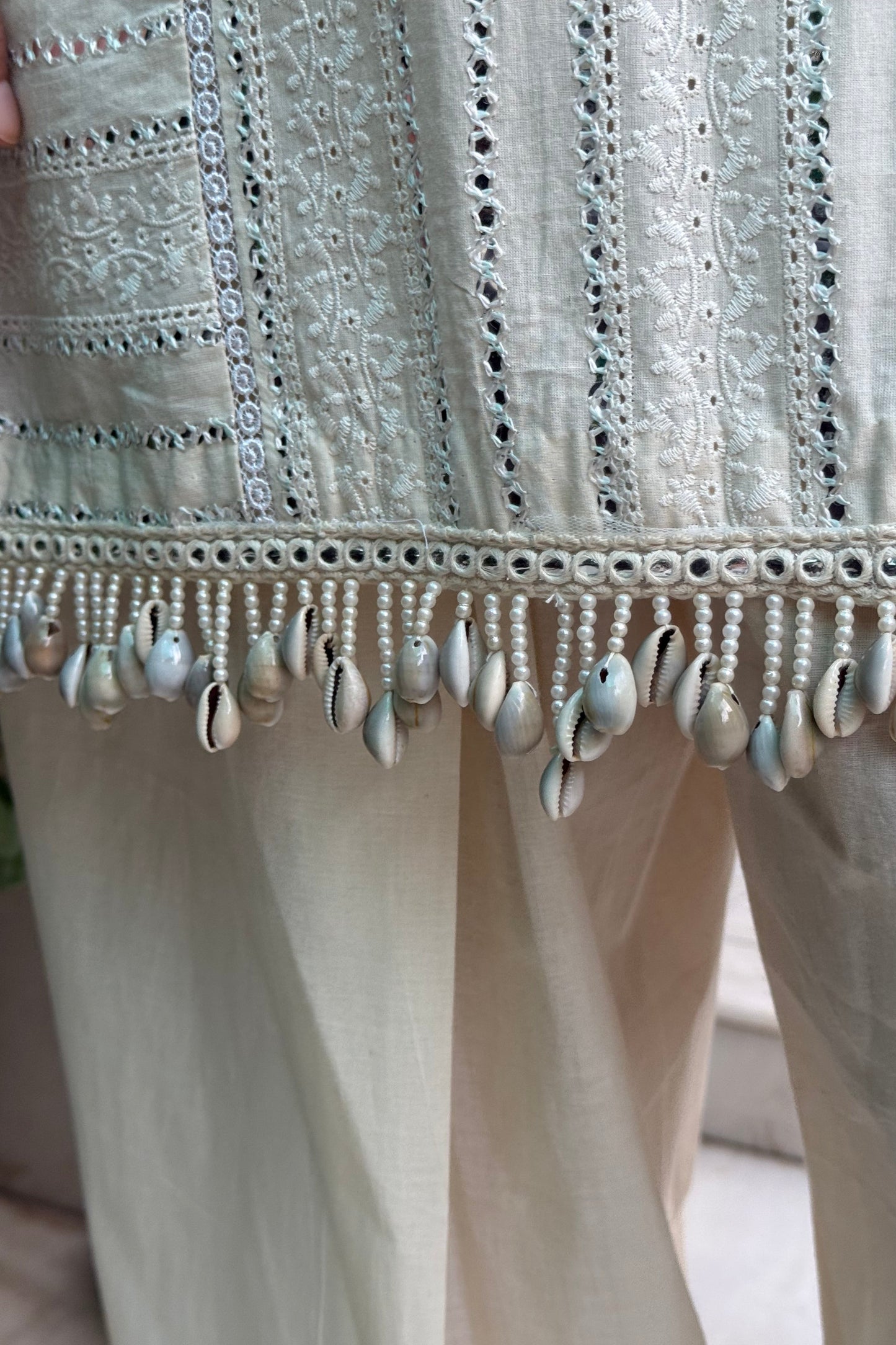 White Cotton Mirror Detail Kurta Set