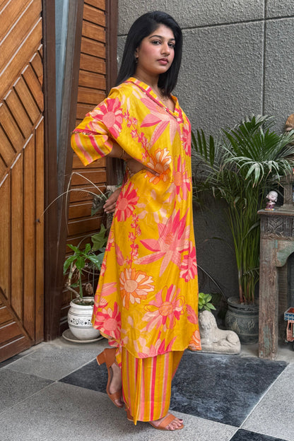 Yellow and Bright Pink Floral Kaftan Co-ord Set