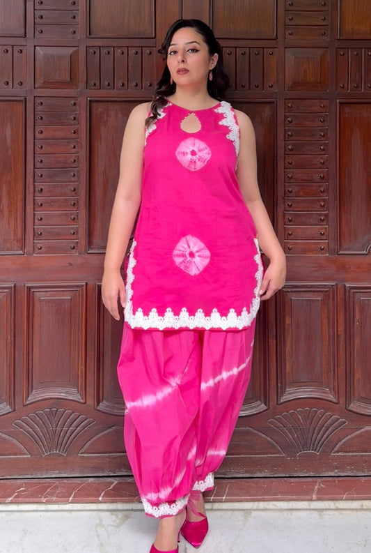 Pink Bandhini-Leheriya Mul Chanderi Co-ord Set