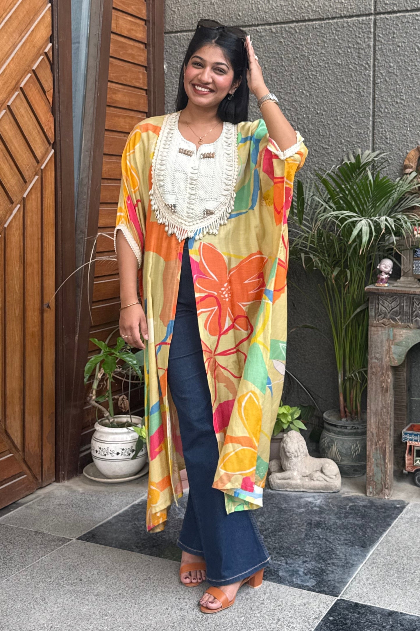 Multicolour Shell Detail Printed Kaftan Top