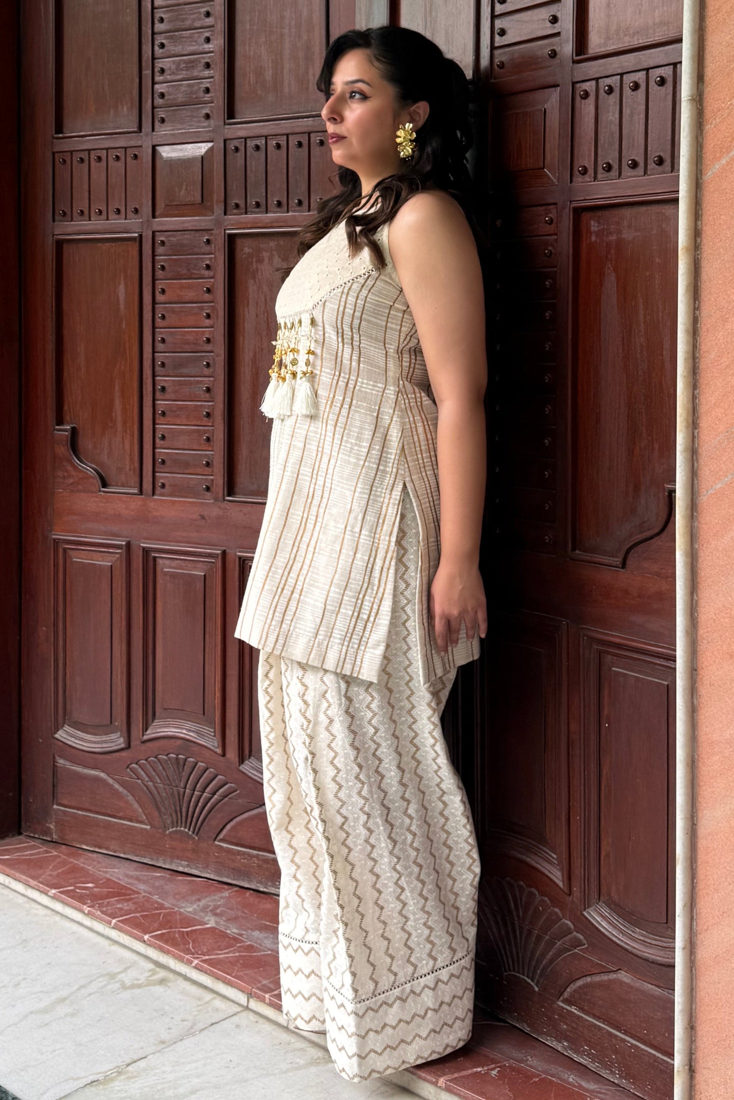 Offwhite Halter Chikankari Detail Co-ord Set