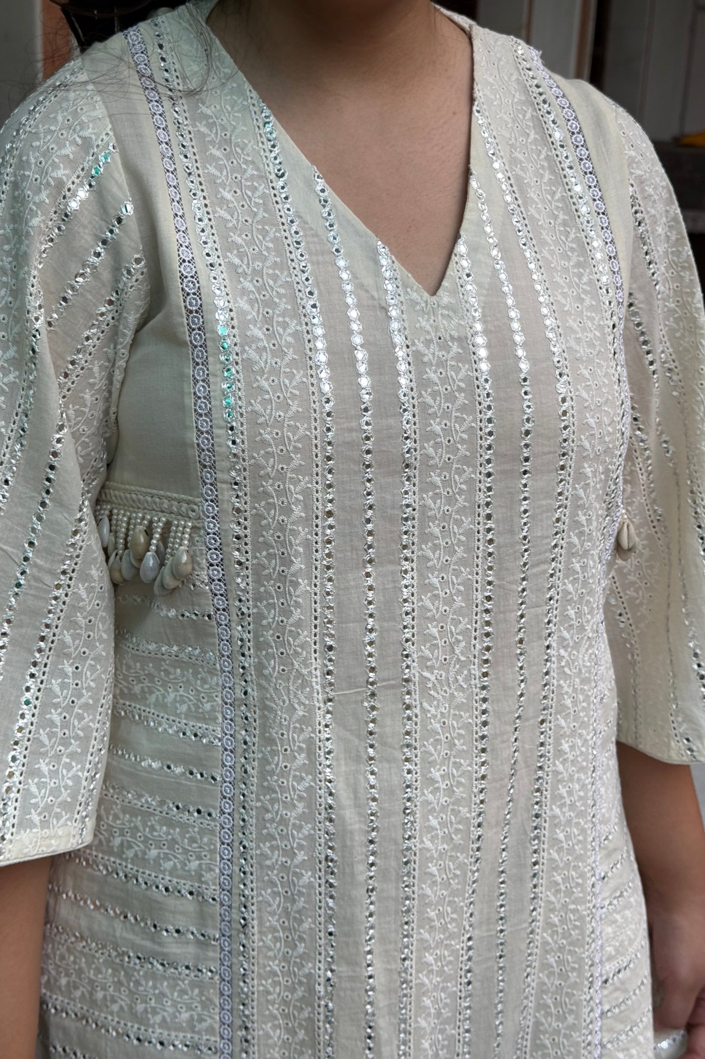 White Cotton Mirror Detail Kurta Set
