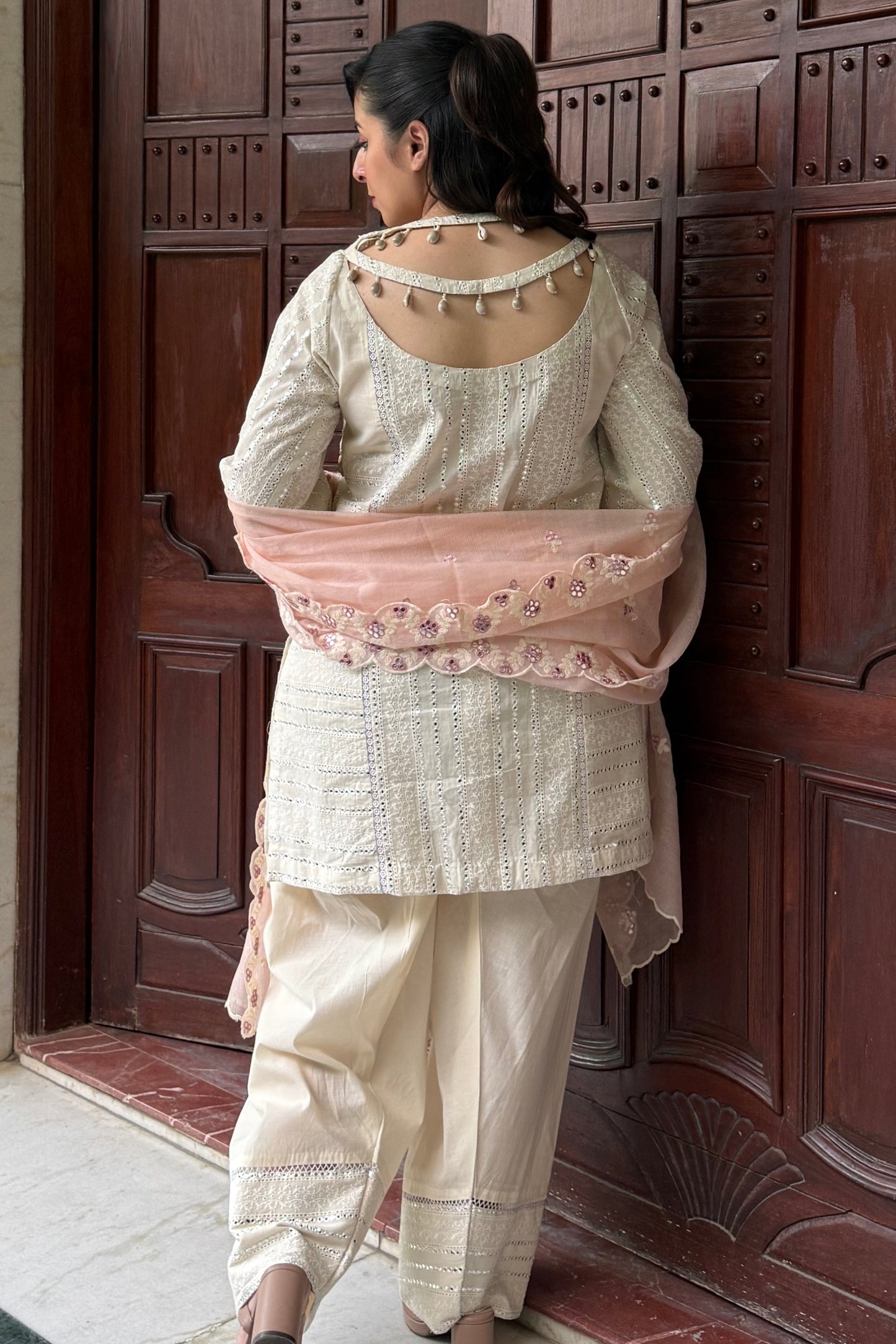 White Cotton Mirror Detail Kurta Set