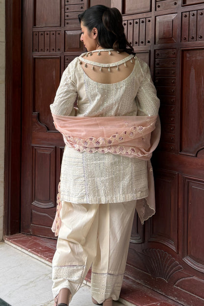 White Cotton Mirror Detail Kurta Set