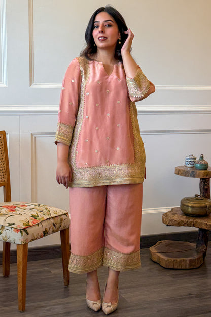 Peach-Pink Embroidered Tissue Co-ord Set