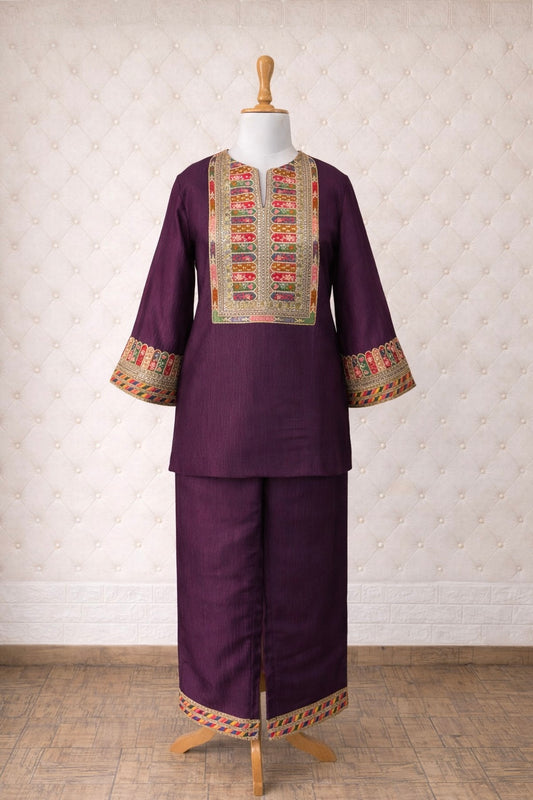 Purple Crushed Tissue Co-ord Set with Embroidered Patchwork
