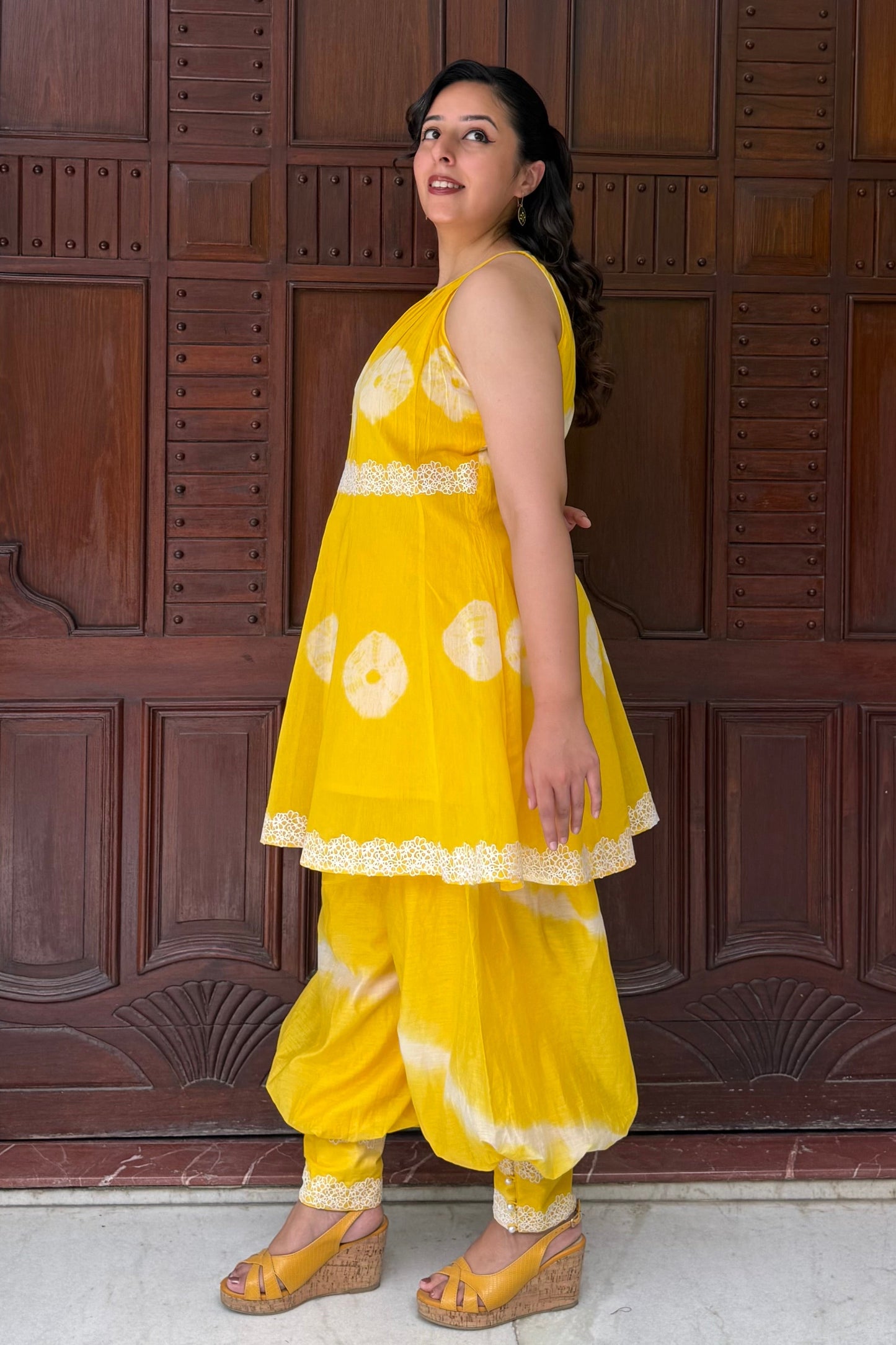Yellow Bandhini-Leheriya Mul Chanderi Co-ord Set