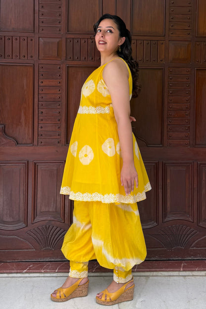 Yellow Bandhini-Leheriya Mul Chanderi Co-ord Set