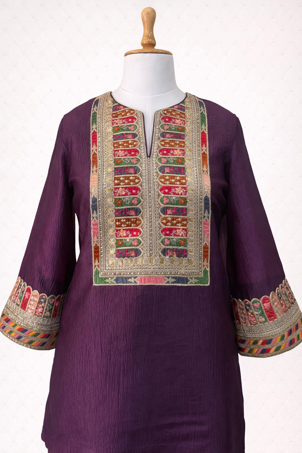 Purple Crushed Tissue Co-ord Set with Embroidered Patchwork