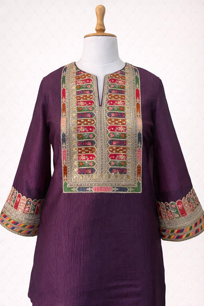 Purple Crushed Tissue Co-ord Set with Embroidered Patchwork