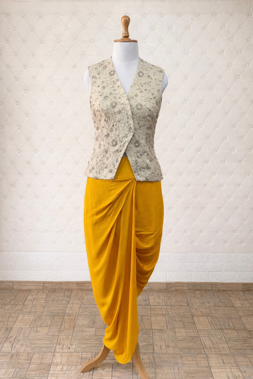 Off-White Tissue Georgette Waistcoat with Yellow Viscose Crepe Skirt