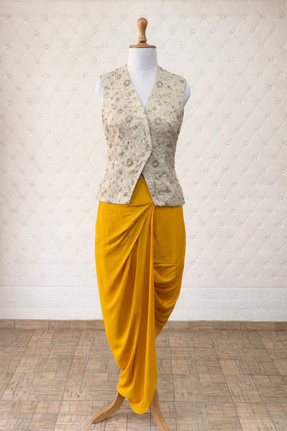 Off-White Tissue Georgette Waistcoat with Yellow Viscose Crepe Skirt