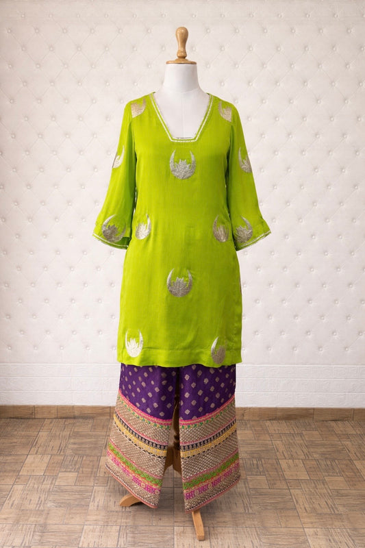 Neon Green Chinon Kurta with Purple Banarasi Brocade Pants
