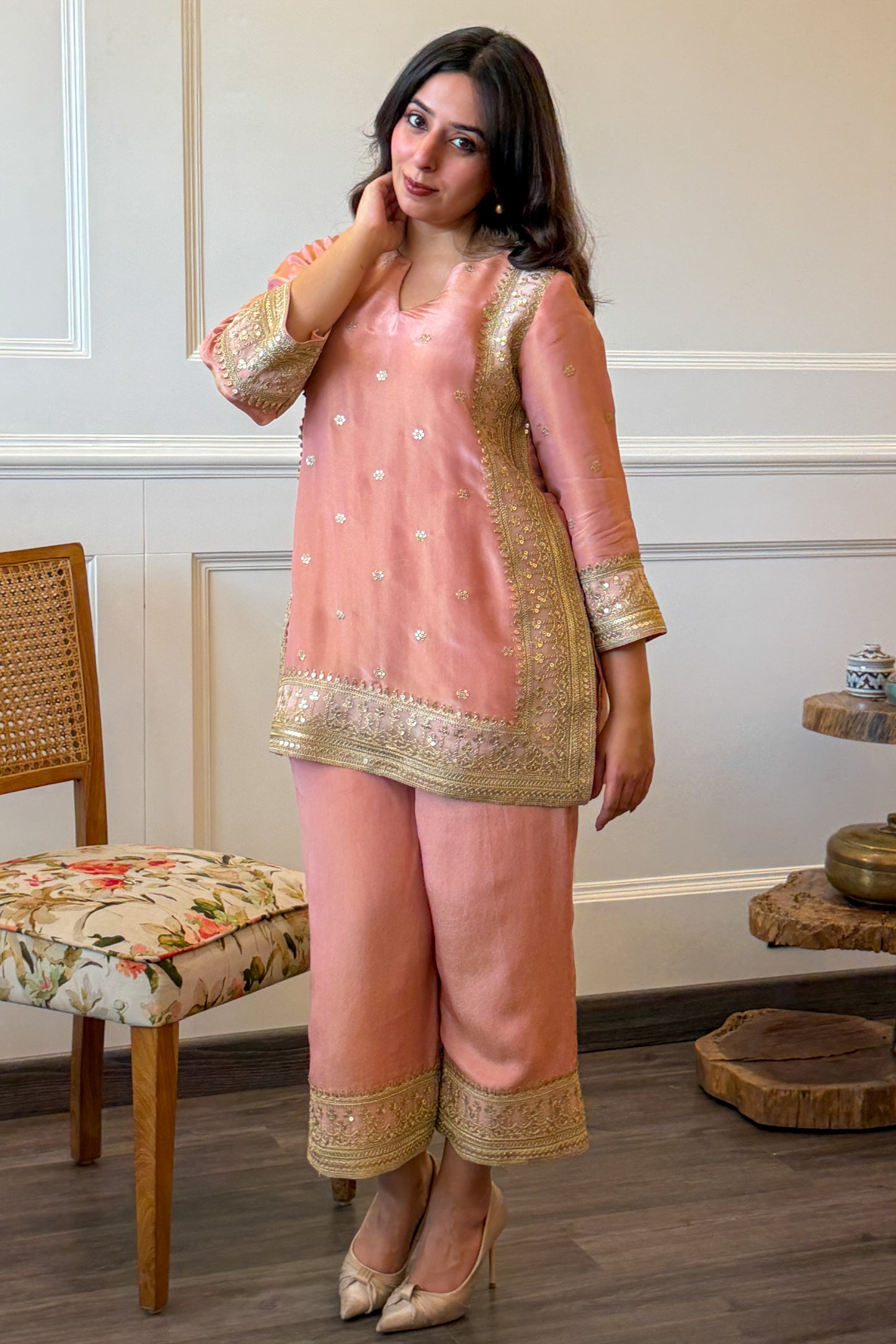 Peach-Pink Embroidered Tissue Co-ord Set
