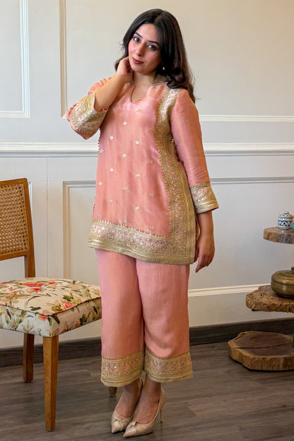 Peach-Pink Embroidered Tissue Co-ord Set