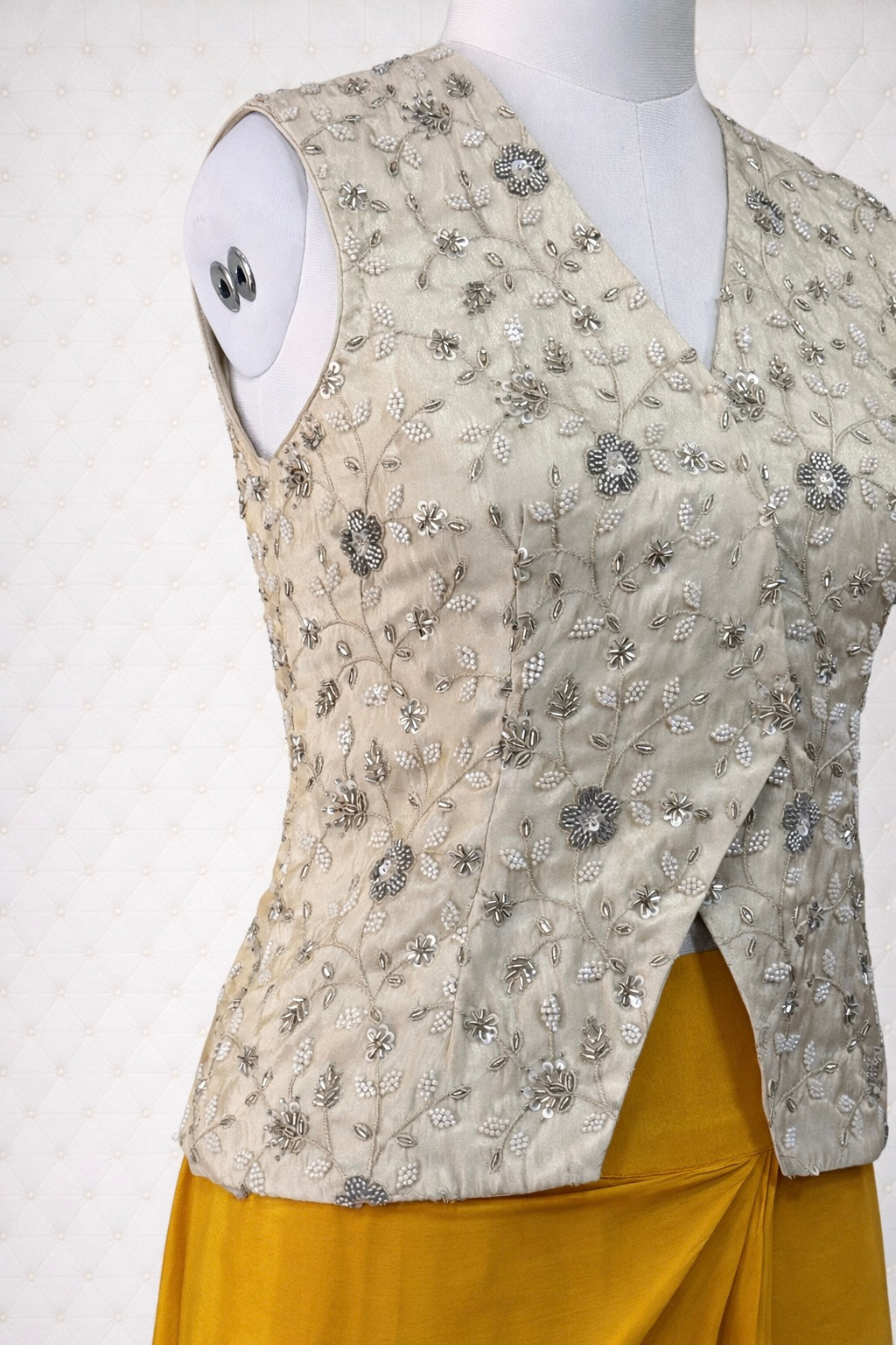 Off-White Tissue Georgette Waistcoat with Yellow Viscose Crepe Skirt